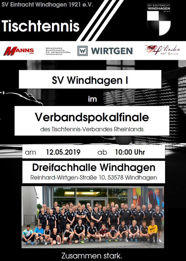 Tischtennis: SV Windhagen I im Verbandspokalfinale am 12.05.2019 ab 10 Uhr in der Dreifachhalle Windhagen.