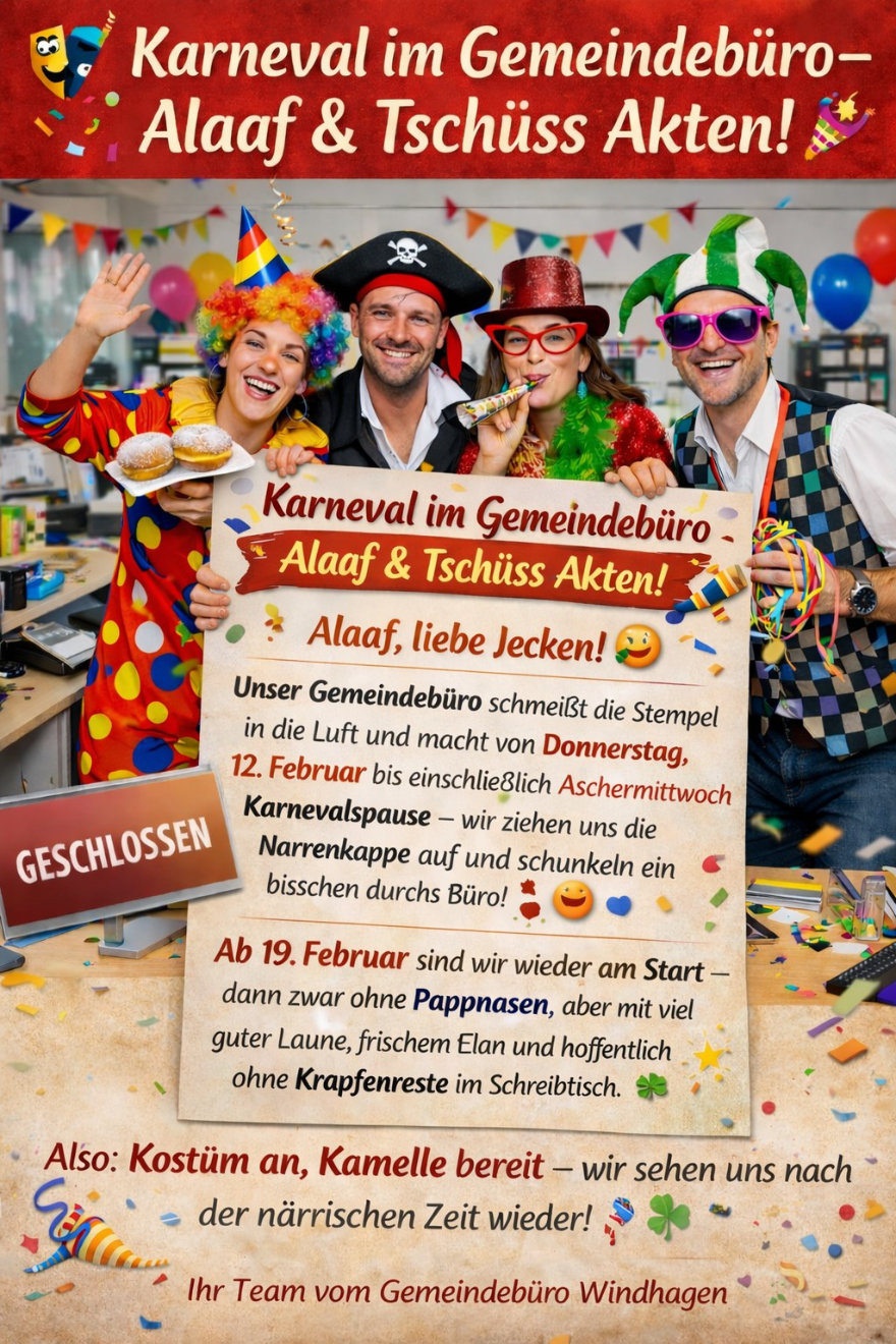 Das Gemeindebüro der Ortsgemeinde Windhagen bleibt vom Fettdonnerstag, 12. Februar bis einschließlich Aschermittwoch geschlossen. Ab Donnerstag, 19. Februar haben wir wieder geöffnet.