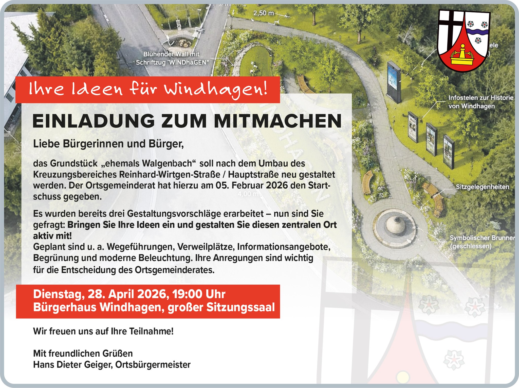 Neugestaltung Grundstück ehemals Walgenbach: Einladung der Gemeinde zur Informationsveranstaltung und Bürgeraustausch am 28.04.26 um 19 Uhr im Bürgerhausd Windhagen (großer Sitzungssaal)